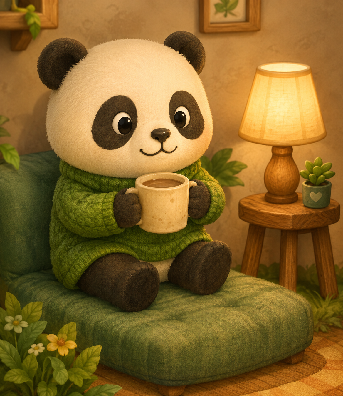 Cozy panda in a sweater with a warm drink